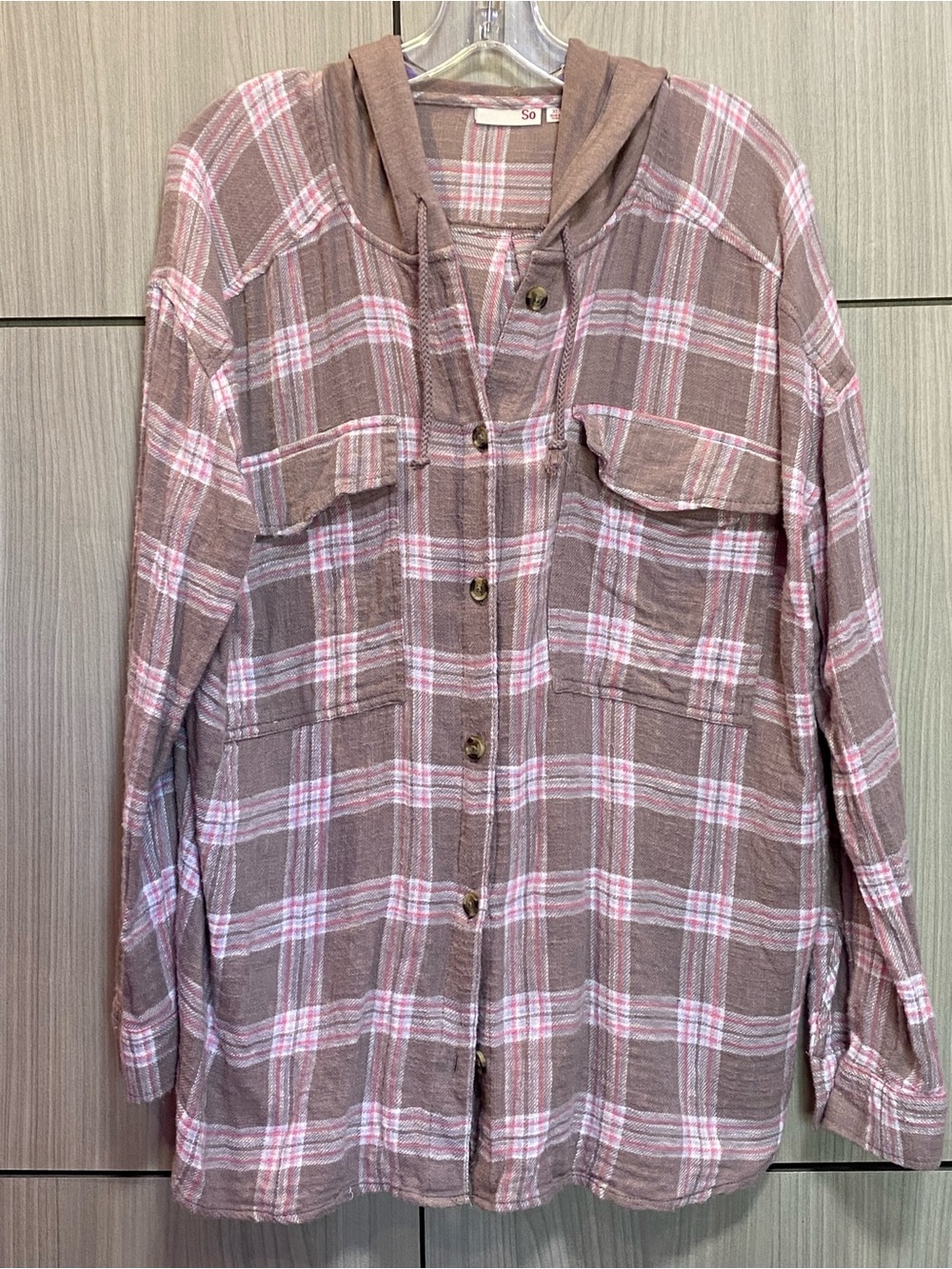 SO Hooded Flannel Top Button Long Sleeve XL Plaid